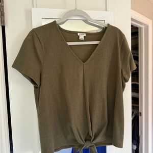 J. Crew Olive Green V-Neck Tie-Front Blouse